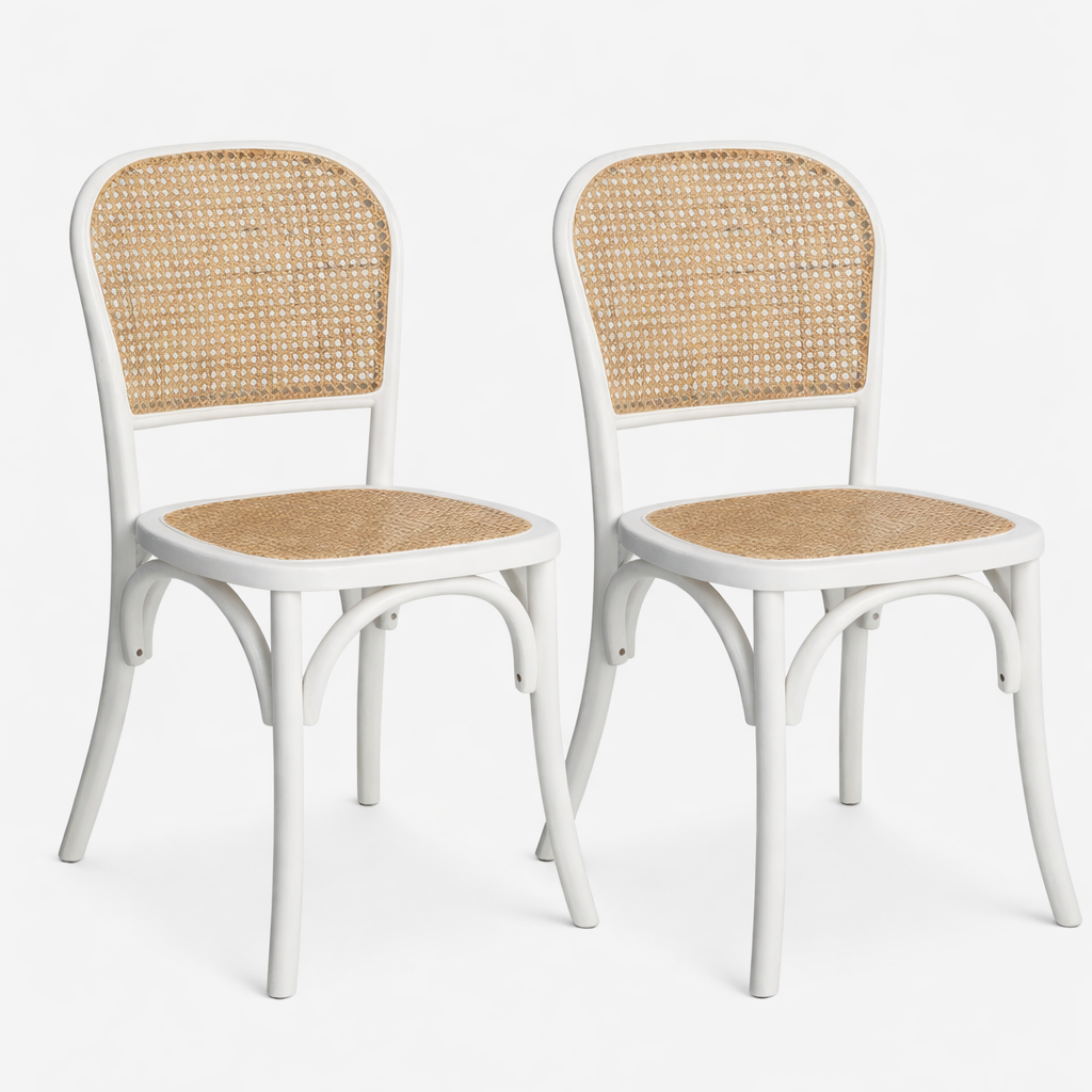 Weißer Holz Esszimmerstuhl mit natürlichem Rattan Sitz und Wiener Geflecht Rücken