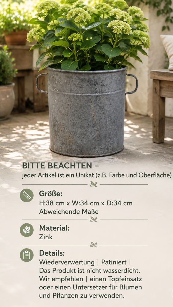 Großer Vintage-Zinkeimer mit stabilen Metallgriffen als Pflanzgefäß für Blumen und Grünpflanzen – rustikale Gartendeko für Landhaus, Café oder Eingangsbereich.