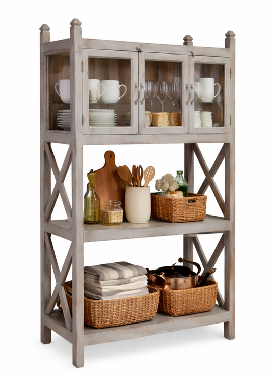 Antikes graues Küchenregal aus Massivholz mit kleiner Vitrine, drei Glastüren oben und zwei offenen Ablagen im Shabby Chic Landhausstil.