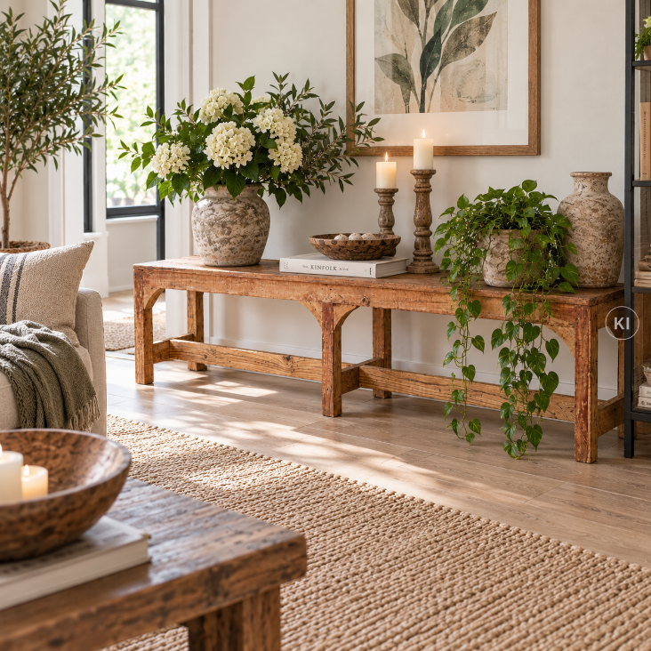 Altholz Sitzbank LENI im Wohnzimmer – 178 cm lange Holzbank als dekorative Blumenbank für Pflanzen und Wohnaccessoires