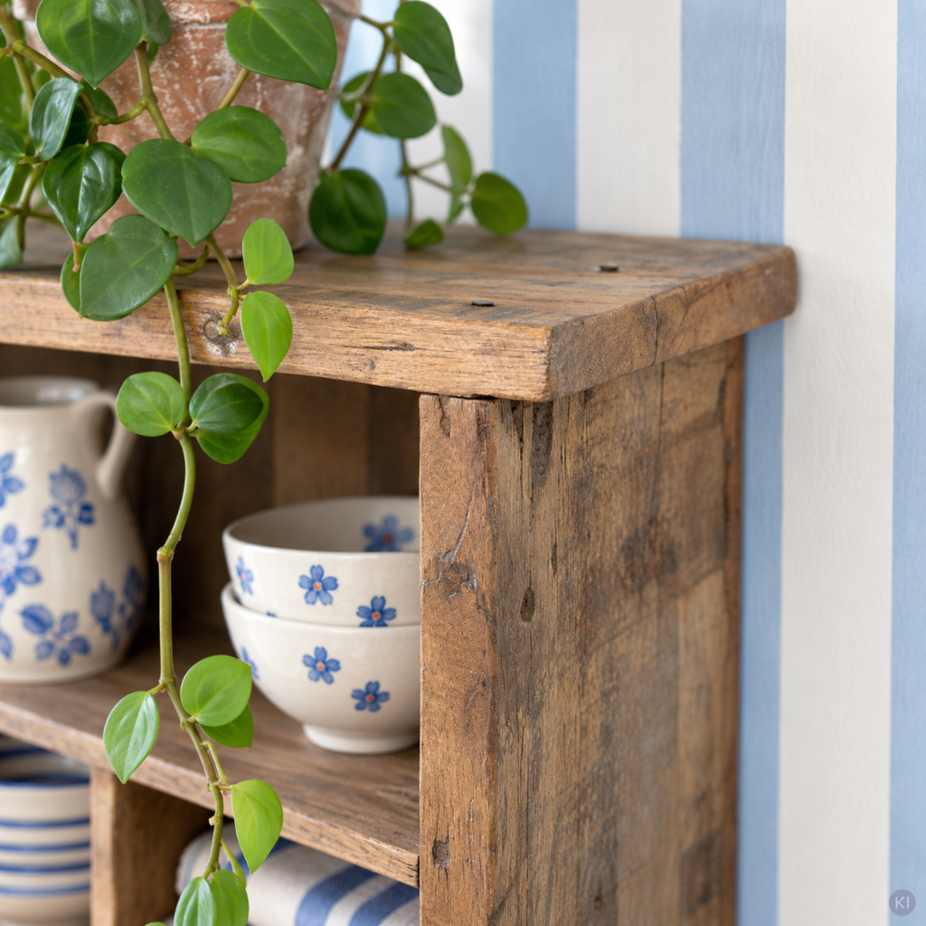 Detailfoto der Ecke des Altholz Wandregals MILA mit natürlicher Holzstruktur und Aufhängung vor blau-weiß gestreifter Wand.