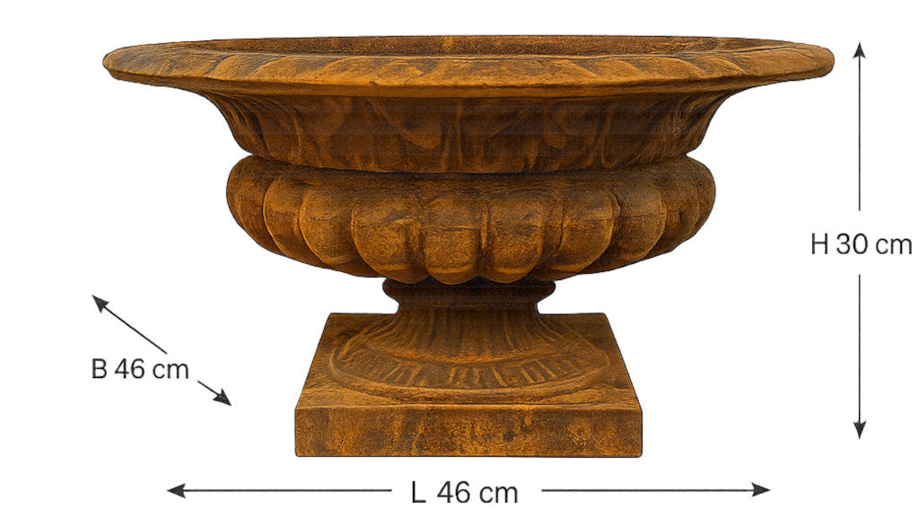Antik rostige Amphore aus Gusseisen als Pflanzschale im Landhausstil mit Verzierungen 46 cm