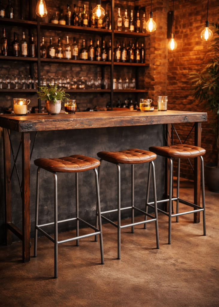 Altholz Stehtisch mit Barhockern Leder-Metall