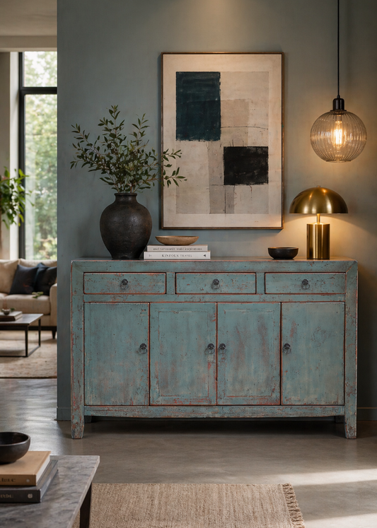 Shabby Chic Sideboard blau aus altem Holz mit 4 Türen und 3 Schubladen im Landhausstil