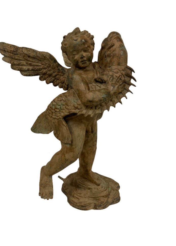 Bronze Gartenbrunnen "Junge mit Fisch" antik Look