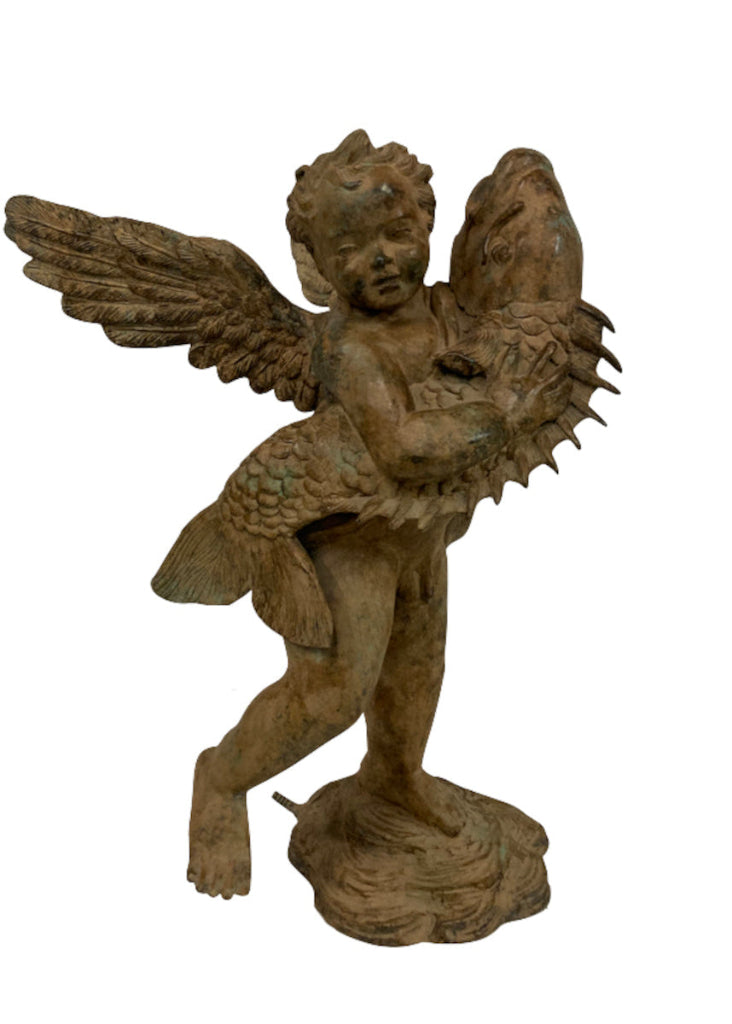 Bronze Gartenbrunnen "Junge mit Fisch" Wasserspiel