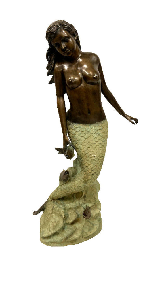 Bronze Gartenbrunnen "Meerjungfrau mit Fisch" H 105 cm antiker Landhausstil