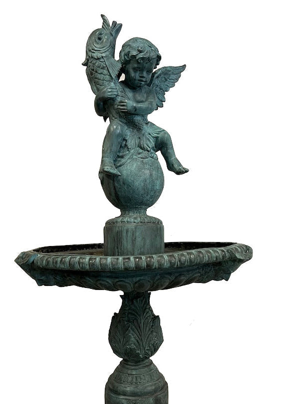 Bronze Gartenbrunnen Kind mit Fisch 185cm