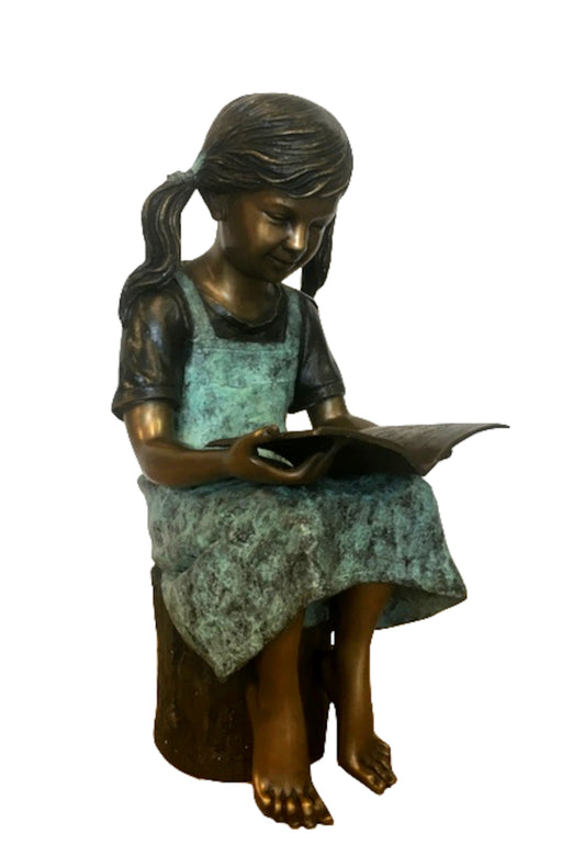 Bronze Skulptur Mädchen mit Buch 66cm antik-grün