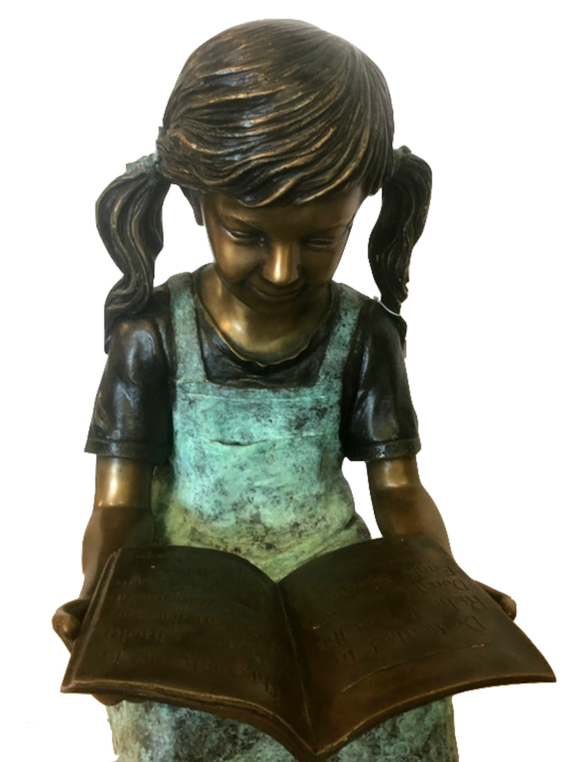 Bronze Skulptur Mädchen mit Buch 66cm antik-grün