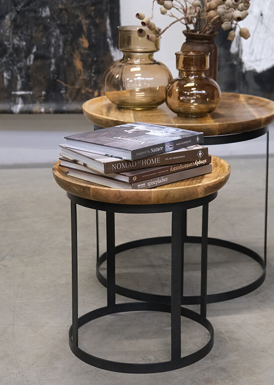 Industrial Couchtisch Set rund Holz-Metall natur + schwarz