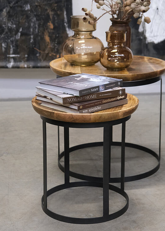 Industrial Couchtisch Set rund Holz-Metall natur + schwarz