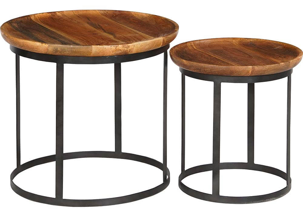 Industrial Couchtisch Set rund Holz-Metall natur + schwarz, Holzteller als Tischplatte