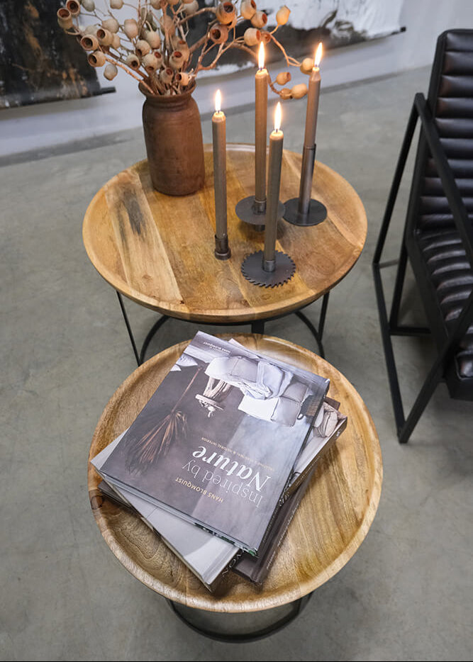 Industrial Couchtisch Set rund Holz-Metall natur + schwarz, Lounge Möbel
