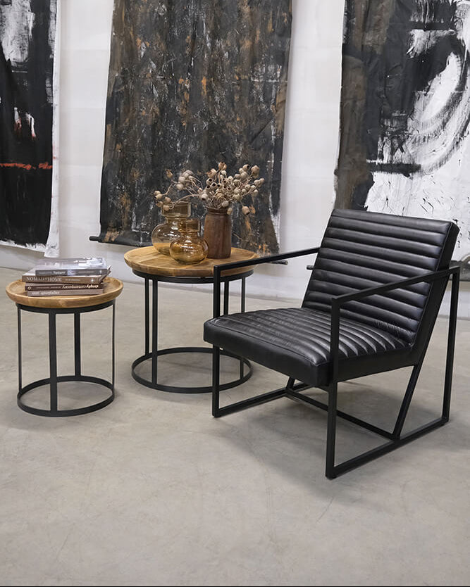 Industrial Couchtisch Set rund Holz-Metall natur + schwarz als Beistelltische Set