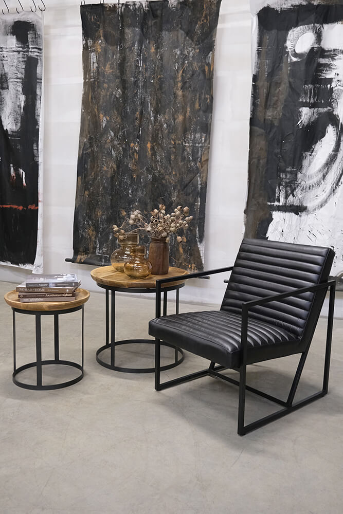 SINJA, Industrial Couchtisch Set rund Holz-Metall natur + schwarz
