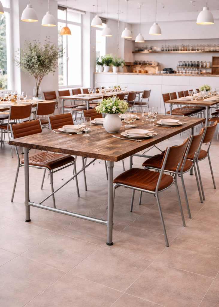 Esstisch Altholz-Rohrbeine aus Eisen im Restaurant