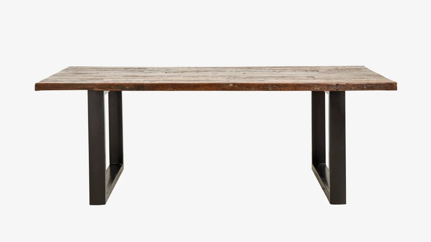 Esstisch aus recyceltem Mischholz und  schwarzem Eisen U-Beinen, Industriedesign, 220x100cm, 94kg