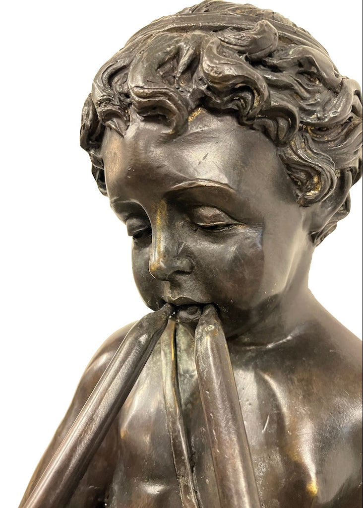 Gartenbrunnen Bronze "Junge mit Flöten" H 101 cm, romantisches Wasserspiel