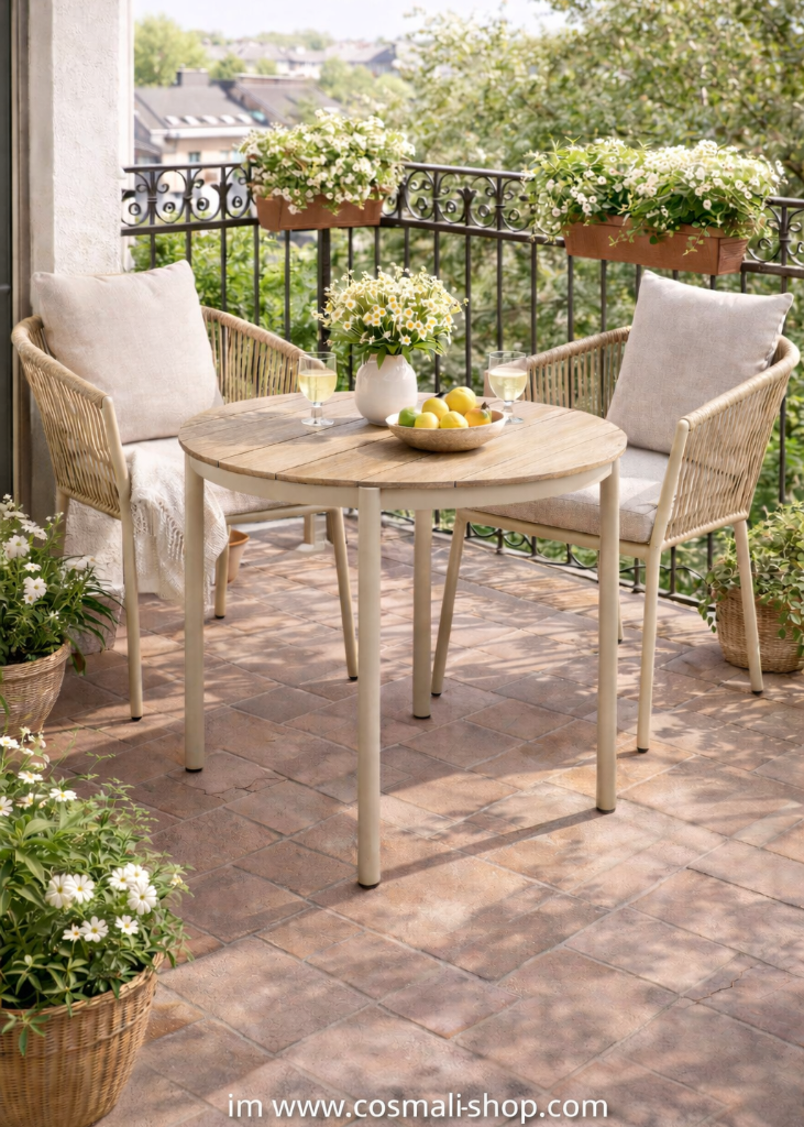Gartentisch ELA rund 90 cm Beige Natur – Alu Outdoor Esstisch – Cosmali – Dein Möbel Online Shop