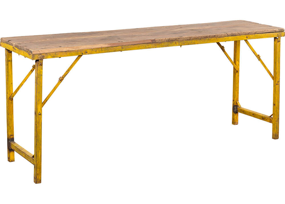 Konsolentisch altes Holz natur und vintage gelbes Metallgestell, klappbar