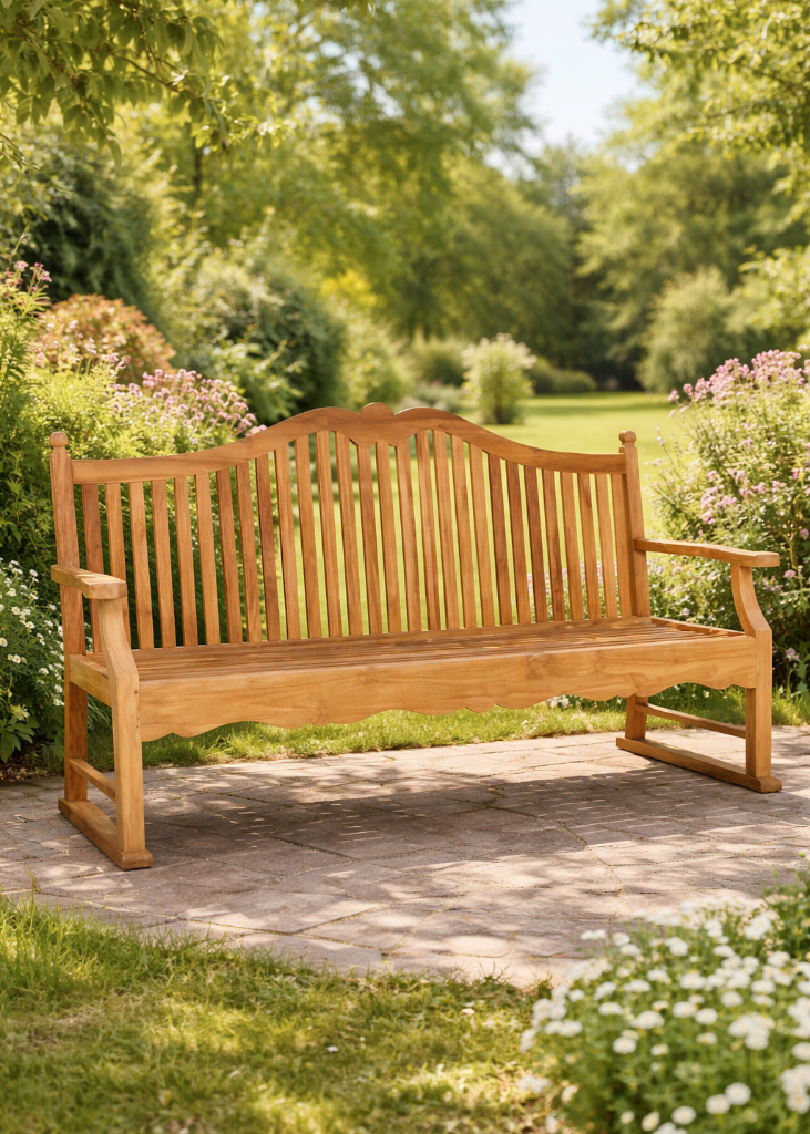 Landhaus Gartenbank Teak massiv 3 Sitzer hohe Rückenlehne 228 cm Terrasse Gartenbank Holz
