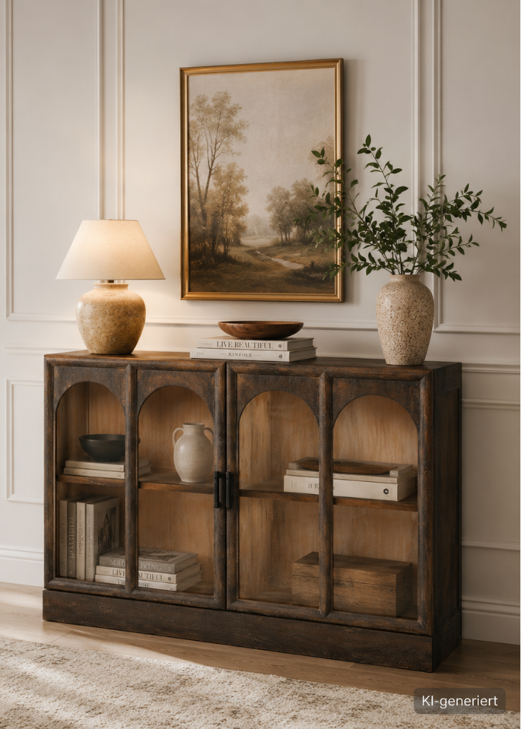 Braune Anrichte-Vitrine im modernen Landhausstil dekoriert im Wohnbereich