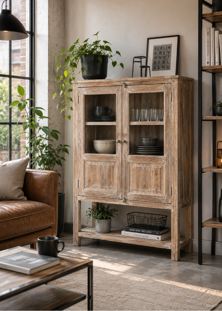 Elegante Massivholz Vitrine im Vintage Landhausstil mit offener Ablage und dekorativen Glastüren als Blickfang.