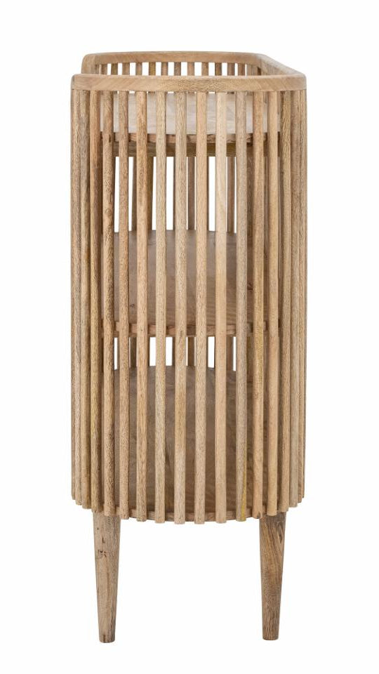 Niedriges ovales Regal aus natur Mangoholz, schmale Seite