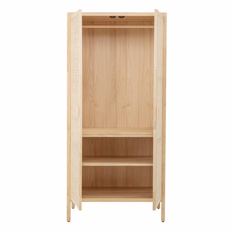 Rattan Kleiderschrank H 180 cm, offen mit Kleiderstange und zwei Fächern