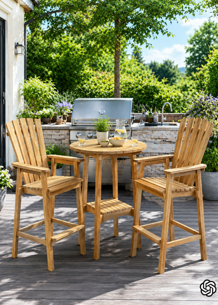 Exklusiver Adirondack-Barstuhl ANDI aus Teak Massivholz als hochwertiges Gartenmöbel im Barlook