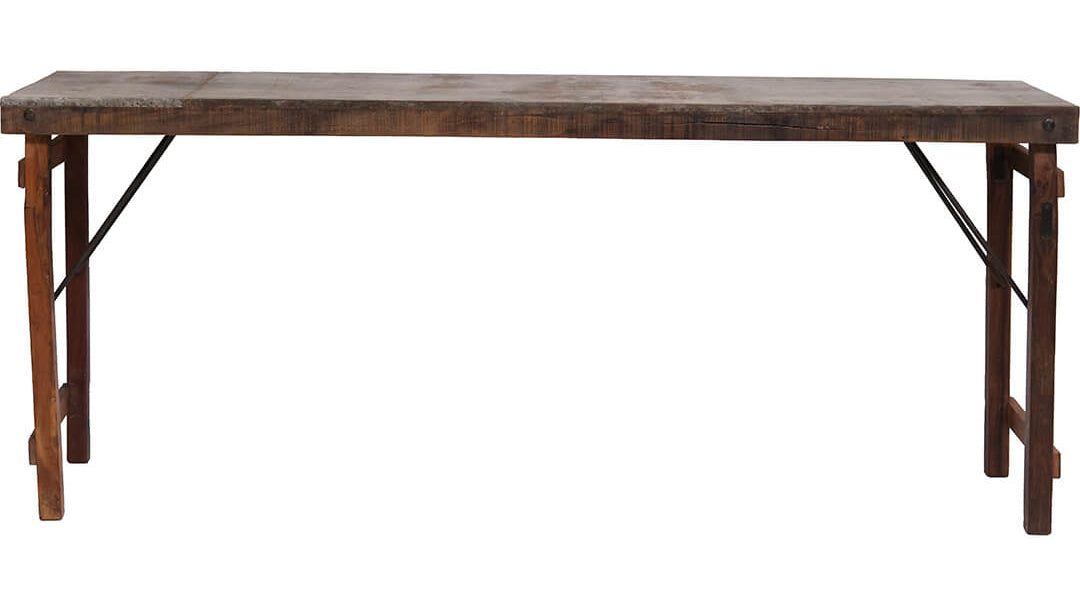 Vintage Konsolentisch mit Metall Tischplatte Breite 183 cm, großer Altholztisch