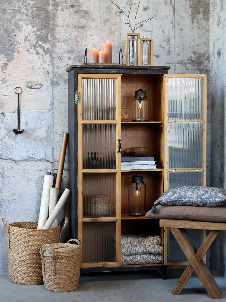 Vintage Landhaus Vitrine Schwarz-Natur mit Riffelglas Türen