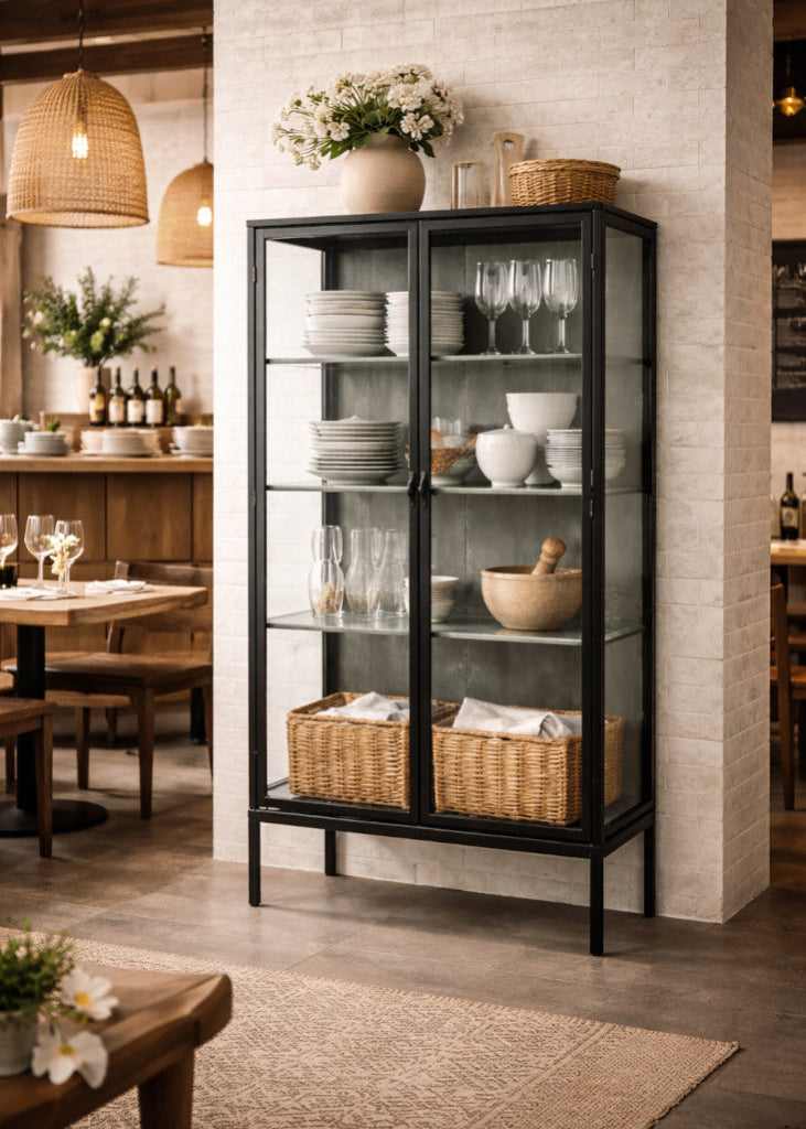 Stilvolle schwarze Vitrine aus Eisen und Glas für Wohnzimmer im Industriedesign