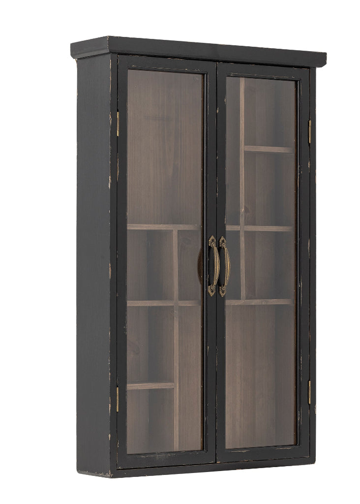 Wandschrank im Shabby Look aus Holz und Glas in Schwarz mit drei praktischen Ablagefächern.