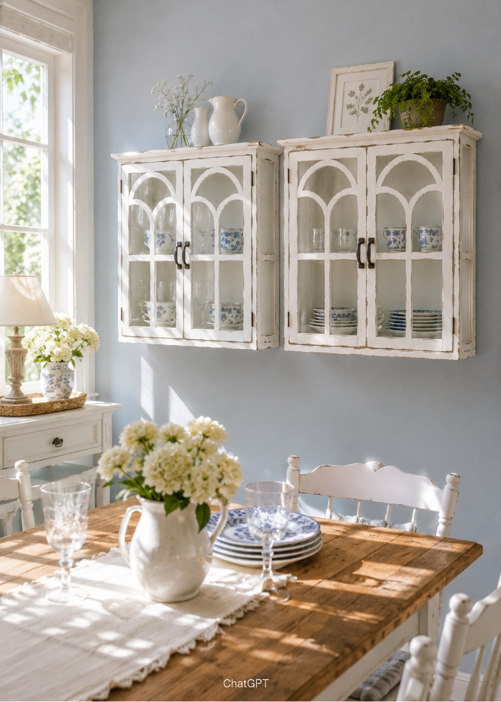 Zwei weiße Shabby Wandvitrinen im Landhausstil an einer hellblauen Wand mit blau-weißem Geschirr und Gläsern.