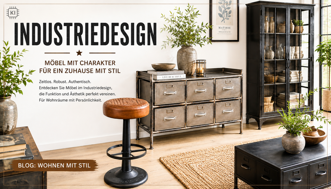 Industriedesign Möbel aus Metall, Leder und Glas im hellen Industrial Wohnzimmer mit Vitrine, Kommode und Barhocker.