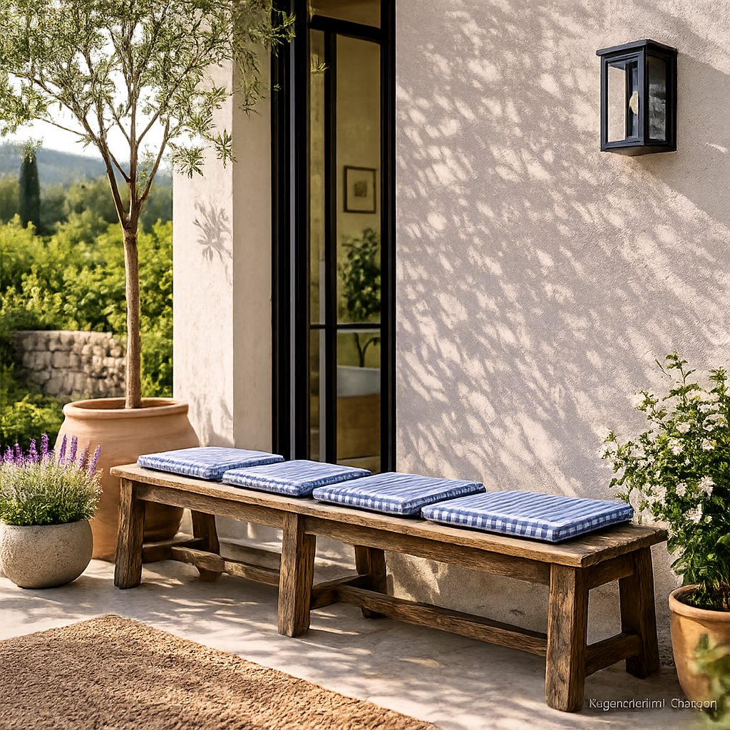 Rustikale Altholz Sitzbank aus Teakholz mit blau karierten Sitzkissen auf sonniger mediterraner Terrasse im Vintage Stil