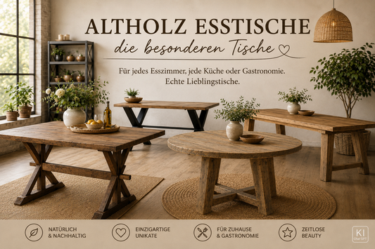 Altholz Esstische aus Massivholz – einzigartige Esstische für Esszimmer, Küche und Gastronomie im Landhaus- und Industrial-Stil.