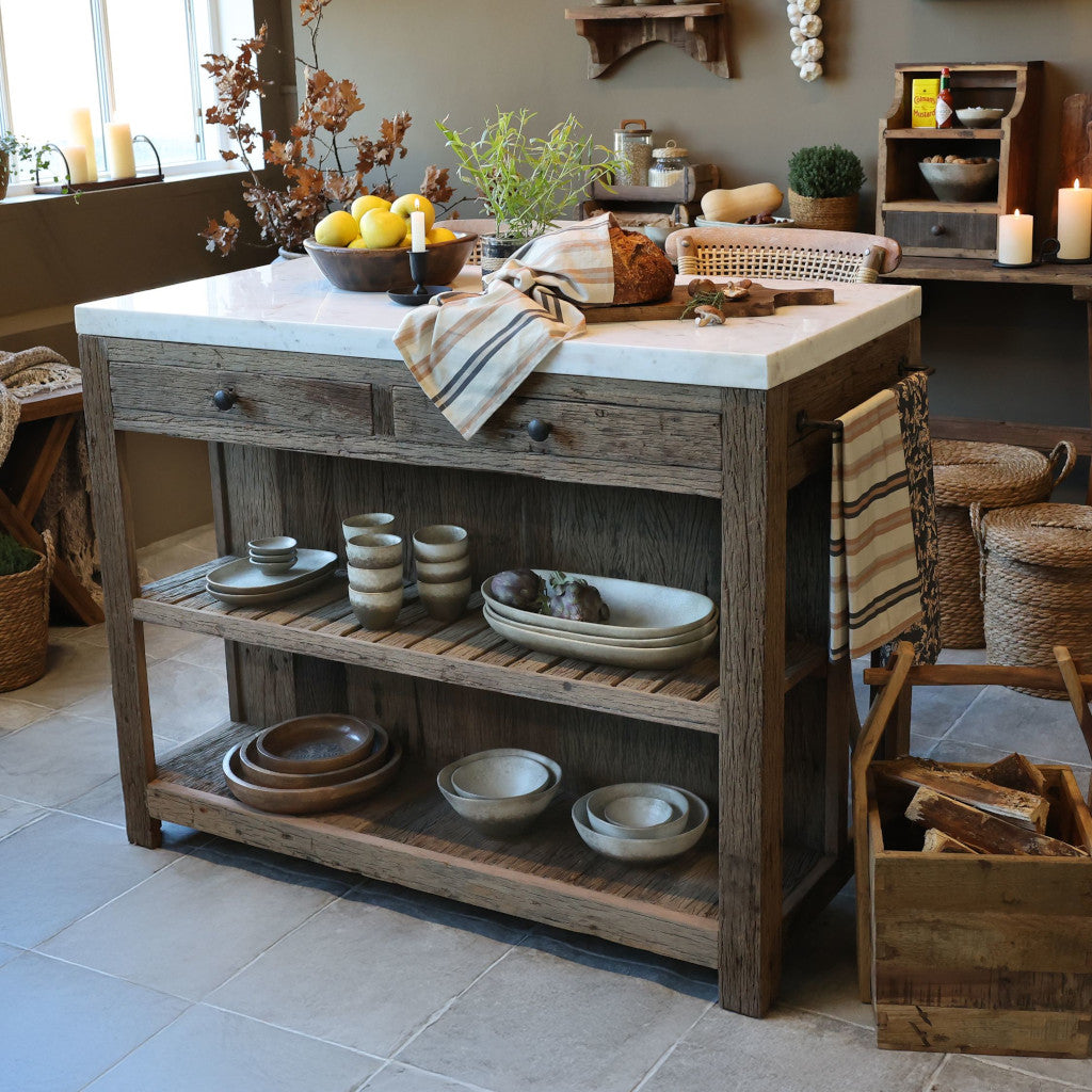 Altholzmöbel - Altholz Kücheninsel mit Marmorplatte