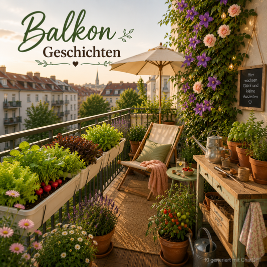 Balkongarten mit Salatpflanzen, Rosen, Clematis, Blumen und Radieschen auf Stadtbalkon