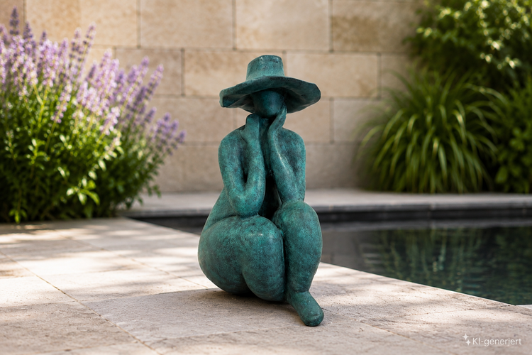 Abstrakte Bronze-Skulptur Mädchen mit Hut für Hotel, Gastronomie und Zuhause