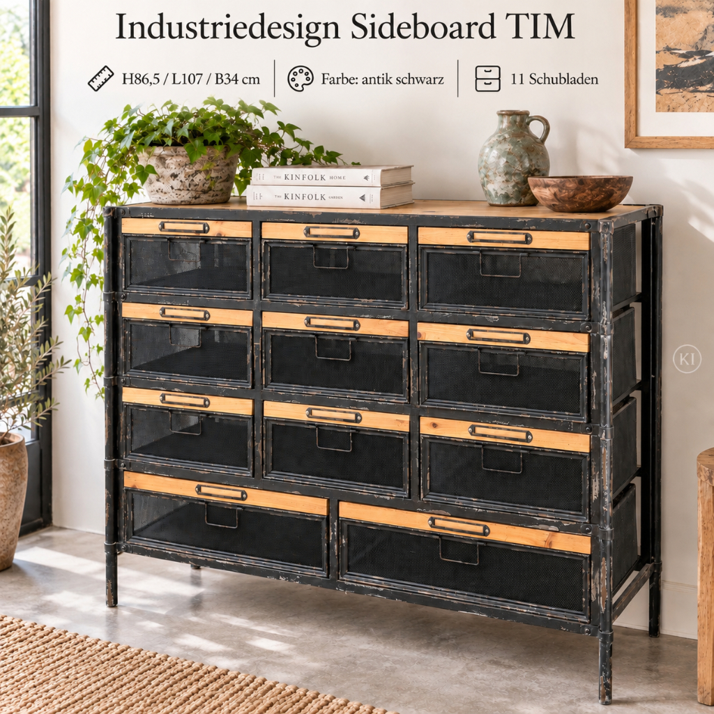 Industriedesign Kommode TIM in antik Schwarz aus Tannenholz und Eisen mit 11 Schubladen und natürlicher Holzplatte.