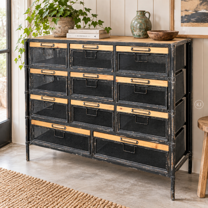Kommode TIM im Industrial Style mit 11 Schubladen, H 86,5 x B 107 x T 34 cm, aus massivem Tannenholz und Eisen.
