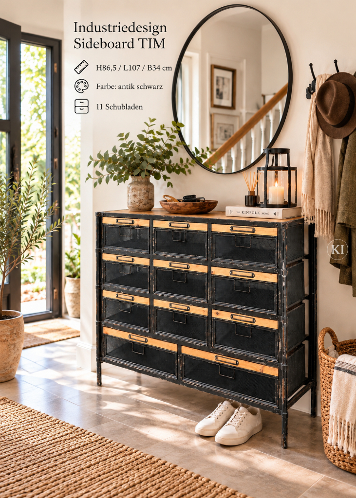 Industrial Sideboard TIM mit 11 Schubladen, schwarzem Metallgestell und warmen Holzelementen für Flur, Küche und Wohnzimmer.