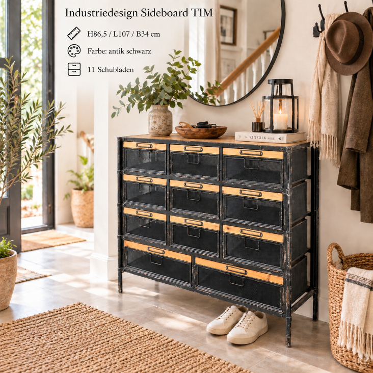 Industrial Kommode TIM als Flurschrank mit 11 praktischen Schubladen für Schuhe, Schals, Mützen und Accessoires.