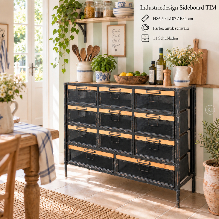 Industriedesign Sideboard TIM in heller Landhausküche mit 11 Schubladen für Küchenutensilien, Geschirr und Vorräte