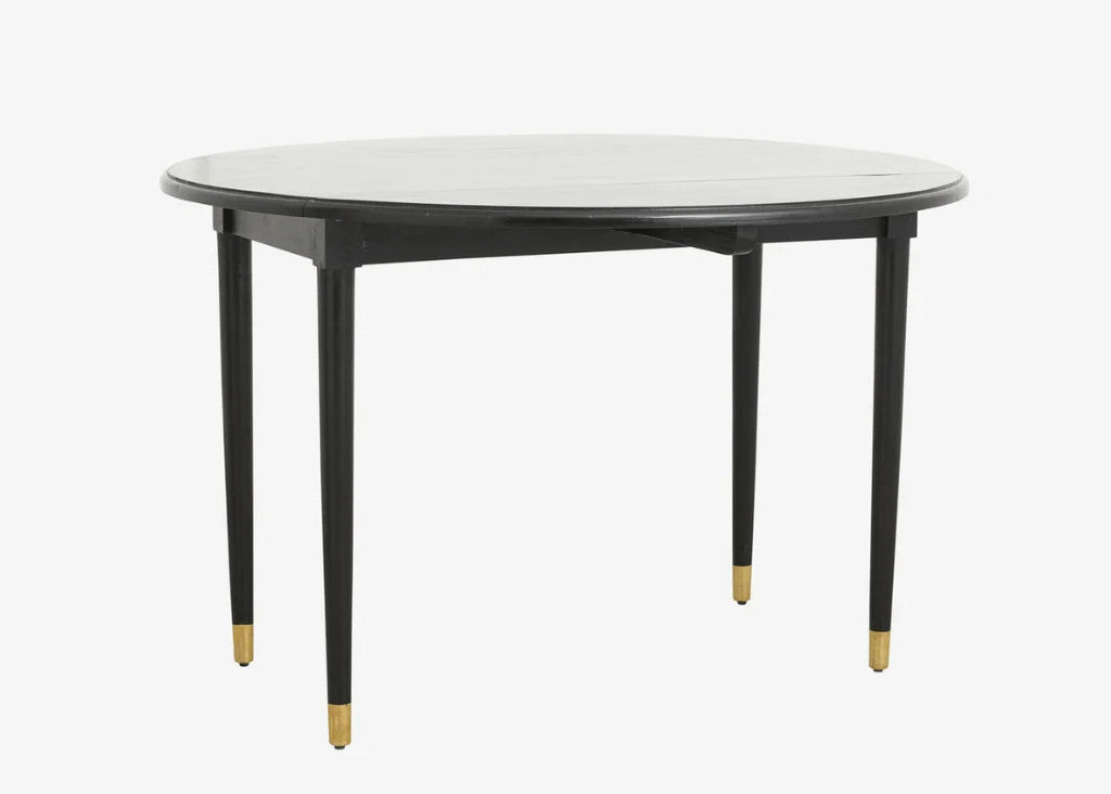 Schwarzer Klapptisch rund 119 cm – Esstisch aus Mangoholz mit goldenen Metallkappen