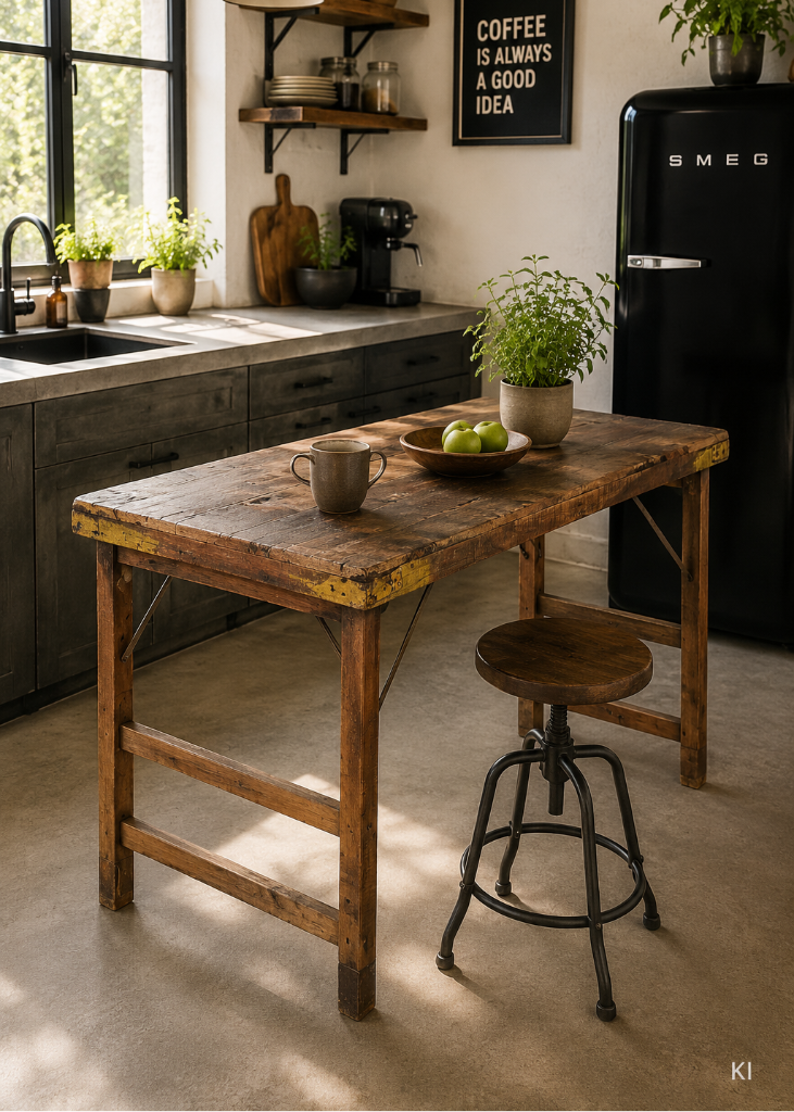 Schmaler Altholz Esstisch 149 cm aus recyceltem Holz mit Eisenverstrebungen im maritimen Bistro – rustikaler Tisch für kleine Räume.