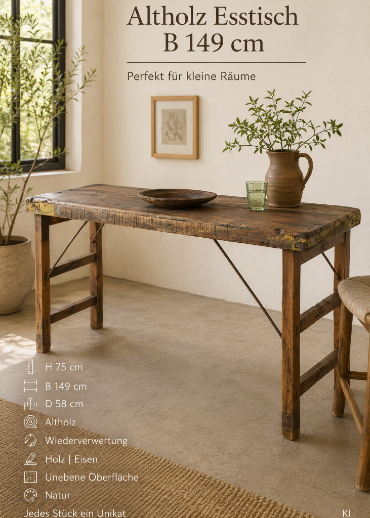 Vintage Esstisch aus Altholz 149 × 58 cm mit patinierter Oberfläche und stabilem Eisengestell – ideal für Küche, Café oder Restaurant.